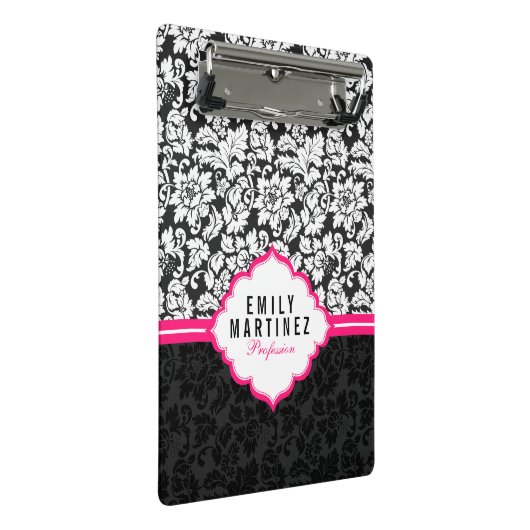 Eleganter schwarz-weißer Damast mit rosa Streifen Mini Klemmbrett (Schrägansicht)