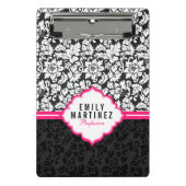 Eleganter schwarz-weißer Damast mit rosa Streifen Mini Klemmbrett (Vorderseite)