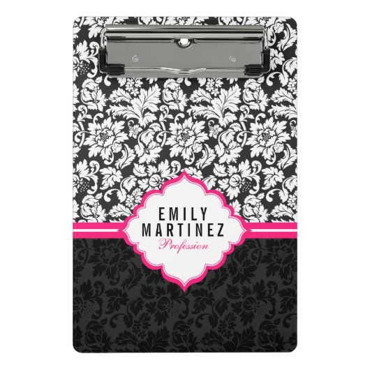 Eleganter schwarz-weißer Damast mit rosa Streifen Mini Klemmbrett (Vorderseite)
