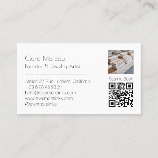 Eleganter Schwarz-weißer Dauerschmuck QR Code Visitenkarte (Rückseite)