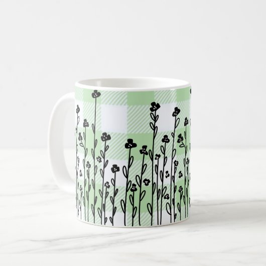 Eleganter Schwarz-weißer Dodle-grüner Gingham Kaffeetasse (Vorderseite Links)