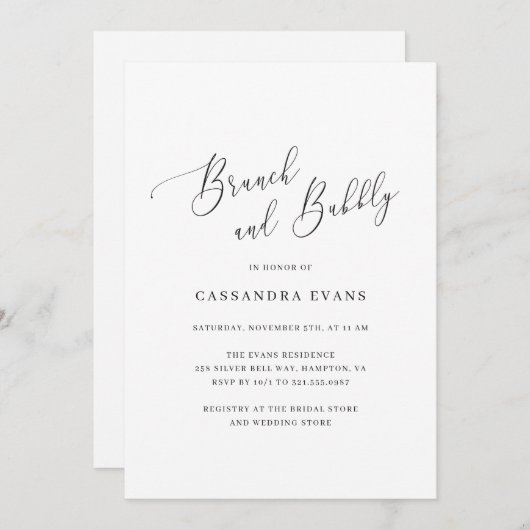 Eleganter Schwarz-weißer einfacher Brunch und Bubb Einladung (Vorne/Hinten)