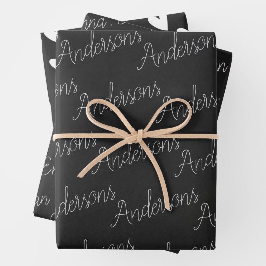 Eleganter Schwarz-weißer Familienname Herzchen Wei Geschenkpapier Set (Beispiel)