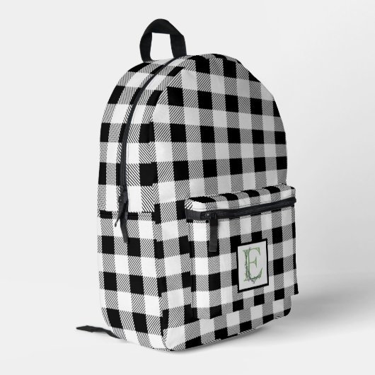 Eleganter Schwarz-weißer Gingham-Brief E botanisch Bedruckter Rucksack (Rückseitige Ecke links)