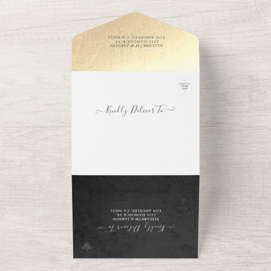 Eleganter Schwarz-weißer Goldflorrahmen-Hochzeitst All In One Einladung (Außenbereich)