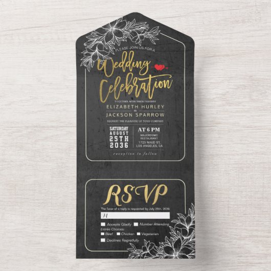 Eleganter Schwarz-weißer Goldflorrahmen-Hochzeitst All In One Einladung (Innen Boden)