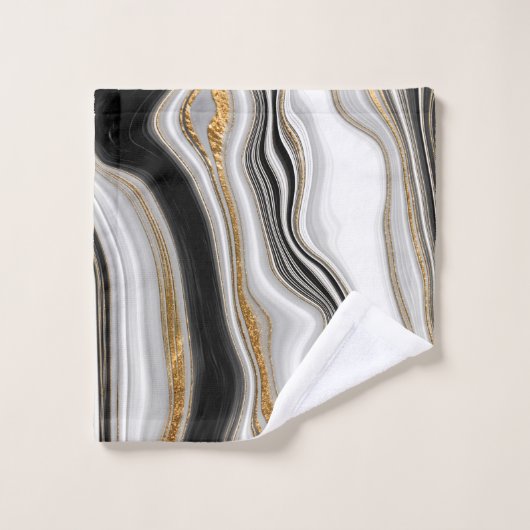 Eleganter Schwarz-weißer Goldmarmor Badhandtuch Set (Waschlappen)