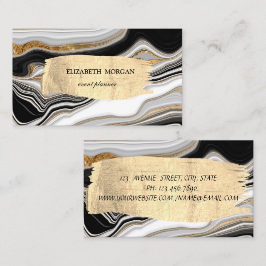 Eleganter Schwarz-weißer Goldmarmor Pinselstrich Visitenkarte (Vorne/Hinten)