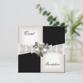 Eleganter Schwarz-weißer Karo Pearl Jewel Bow Einladung (Stehend Vorderseite)