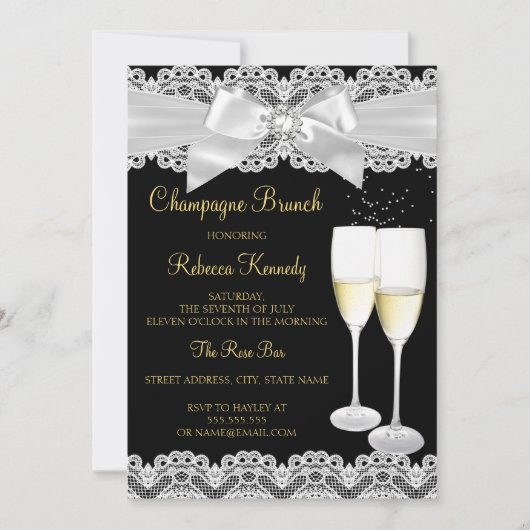 Eleganter Schwarz-weißer Lace Champagne Brunch Ein Einladung (Vorderseite)