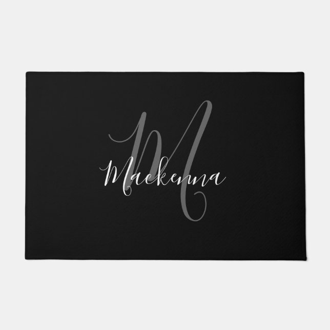 Eleganter Schwarz-weißer Monogramm Chic Script-Nam Fußmatte (Vorderseite)
