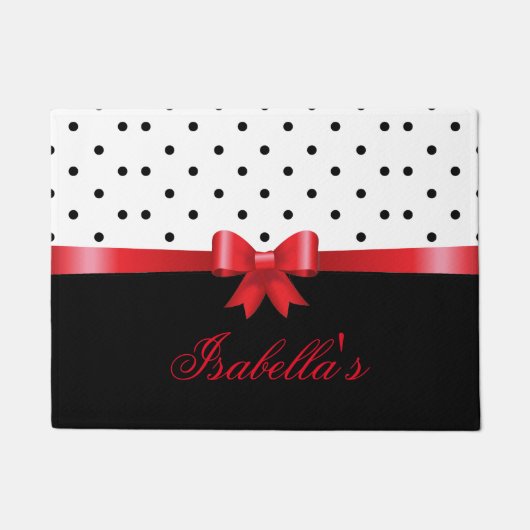 Eleganter Schwarz-weißer Polka Punkte roter Bogen Fußmatte (Vorderseite)