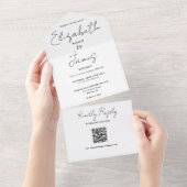 Eleganter schwarz-weißer QR-Code Hochzeit All In One Einladung (Abreißen)