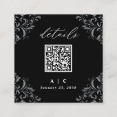 Eleganter schwarz-weißer QR Code Hochzeitsdetails Begleitkarte (Vorderseite)