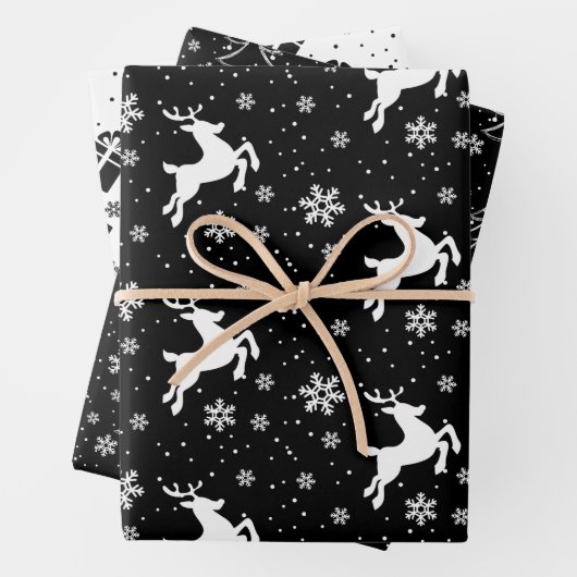 Eleganter Schwarz-weißer Rentier und Christbaum Geschenkpapier Set (Beispiel)