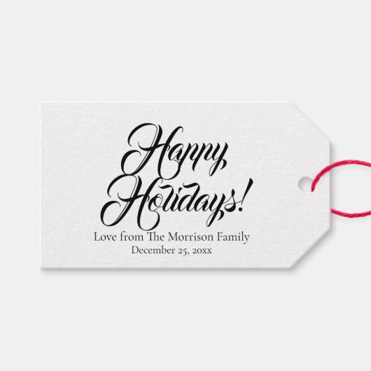 Eleganter Schwarz-weißer Skripttext Holidays Geschenkanhänger (Vorderseite (Horizontal))