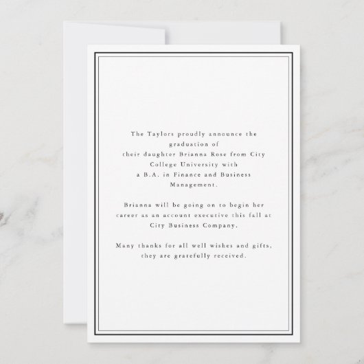 Eleganter Schwarz-weißer Typografie-Abschluss Ankündigung (Rückseite)