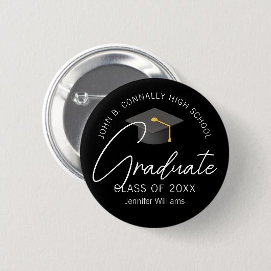 Eleganter schwarzer Absolvent personalisierter Abs Button (Vorne & Hinten)