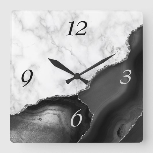 Eleganter Schwarzer Agate Silver Glitzer Marmor Quadratische Wanduhr (Vorderseite)