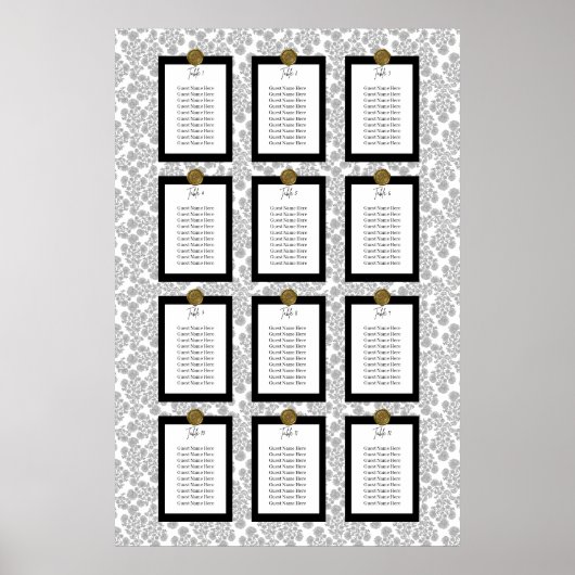 Eleganter schwarzer Blumen-Toile-Sitzplan Poster (Vorne)