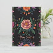 Eleganter schwarzer Boho-Chic-Vintage-Blumen- Einladung (Stehend Vorderseite)