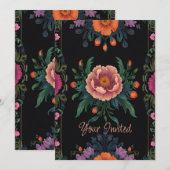 Eleganter schwarzer Boho-Chic-Vintage-Blumen- Einladung (Vorne/Hinten)
