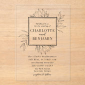 Eleganter Schwarzer Botanischer Rahmen Hochzeit Acryleinladungen (Vorderseite)