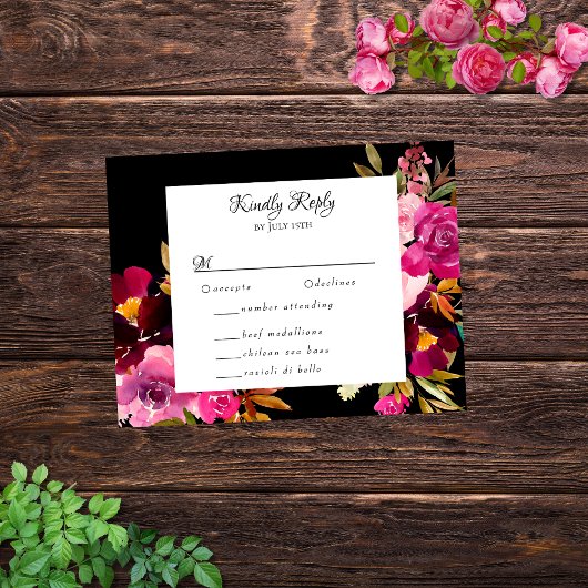 Eleganter Schwarzer Burgundy Rosa Blumenrahmen RSVP Karte