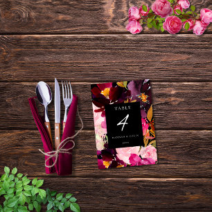 Eleganter Schwarzer Burgundy Rosa Blumenrahmen Tischnummer