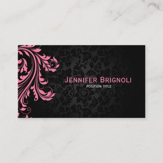 Eleganter Schwarzer Damaskus Rosa Blumenwirl Visitenkarte (Vorderseite)