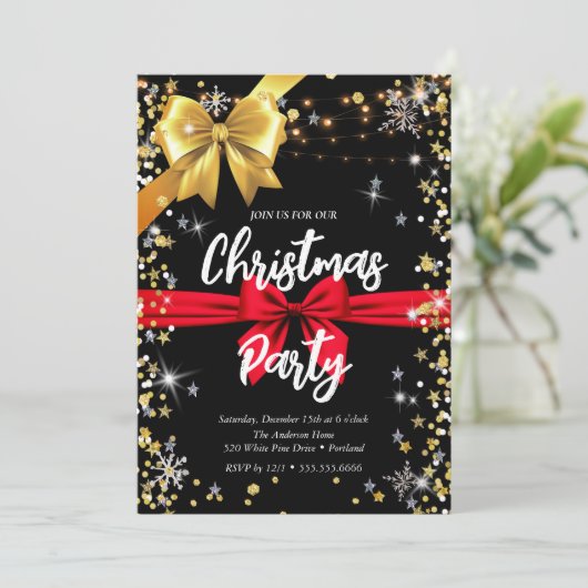 Eleganter schwarzer Diamant, goldenes Band, Konfet Einladung (Stehend Vorderseite)