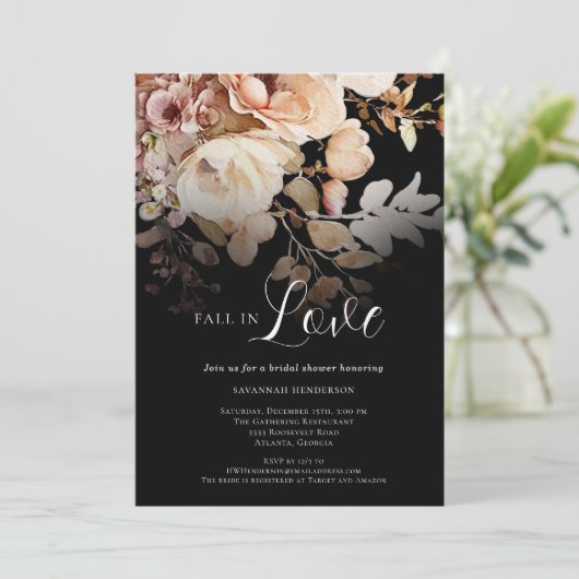 Eleganter Schwarzer Fall in Liebe Blumenstrauß Bra Einladung (Stehend Vorderseite)