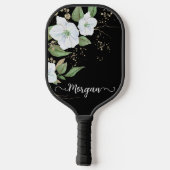 Eleganter schwarzer Floral-Aquarell-Name Pickleball Schläger (Rückseite)