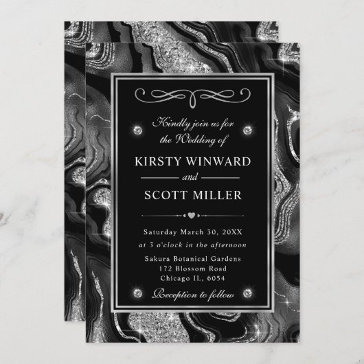 Eleganter Schwarzer Foil & Silberner Glitzer Agate Einladung (Vorne/Hinten)