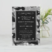 Eleganter Schwarzer Foil & Silberner Glitzer Agate Einladung (Stehend Vorderseite)