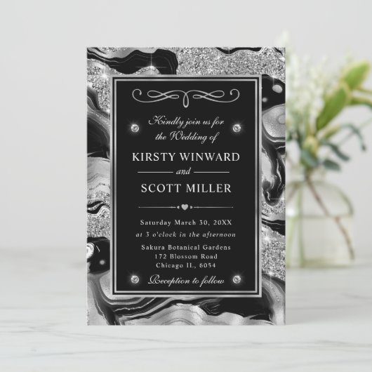Eleganter Schwarzer Foil & Silberner Glitzer Agate Einladung (Stehend Vorderseite)
