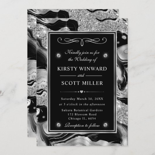 Eleganter Schwarzer Foil & Silberner Glitzer Agate Einladung (Vorne/Hinten)