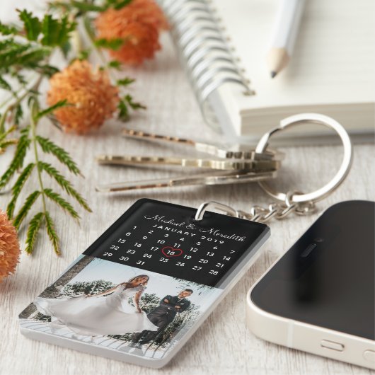 Eleganter Schwarzer Foto-Hochzeitskalender Schlüsselanhänger (Vorderseite rechts)