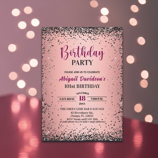 Eleganter schwarzer Glitter Metallic Rosa 101. Geb Einladung
