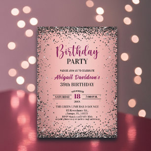 Eleganter schwarzer Glitter Metallic Rosa 39. Gebu Einladung