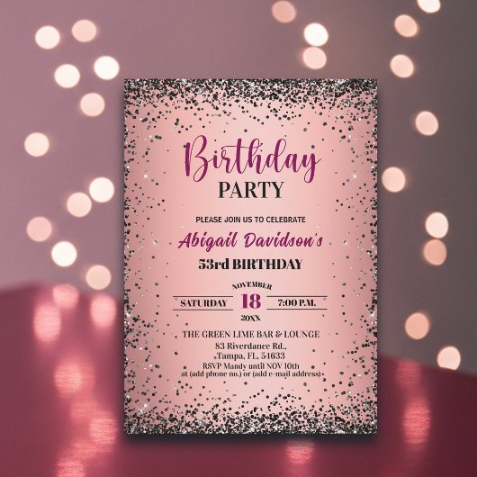 Eleganter schwarzer Glitter Metallic Rosa 53. Gebu Einladung