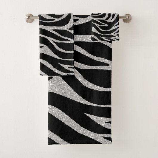 Eleganter Schwarzer Glitzer Silver Zebra Animal Pr Badhandtuch Set (Insitu)
