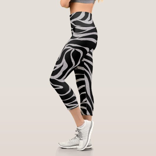 Eleganter Schwarzer Glitzer Silver Zebra Animal Pr Capri Leggings (Links)