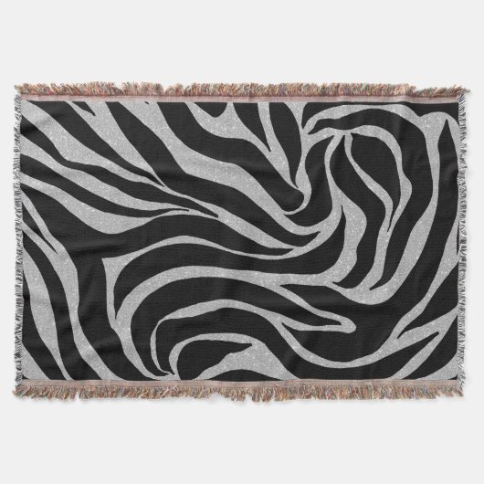 Eleganter Schwarzer Glitzer Silver Zebra Animal Pr Decke (Vorderseite)