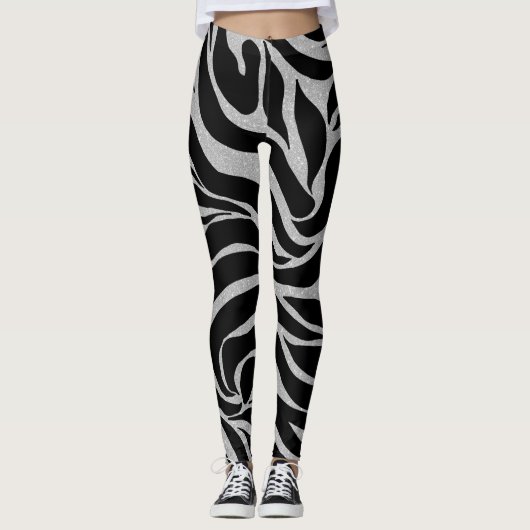Eleganter Schwarzer Glitzer Silver Zebra Animal Pr Leggings (Vorderseite)