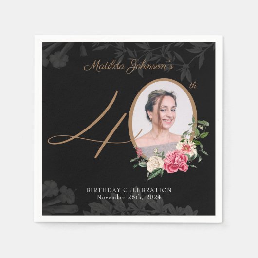 Eleganter Schwarzer Gold 40. Geburtstag Serviette (Vorderseite)