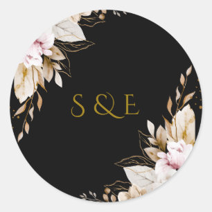 Eleganter schwarzer Gold-Blumen-Hochzeits-Monogram Runder Aufkleber