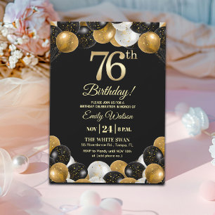 Eleganter schwarzer Gold-Glitter 76. Geburtstag Einladung