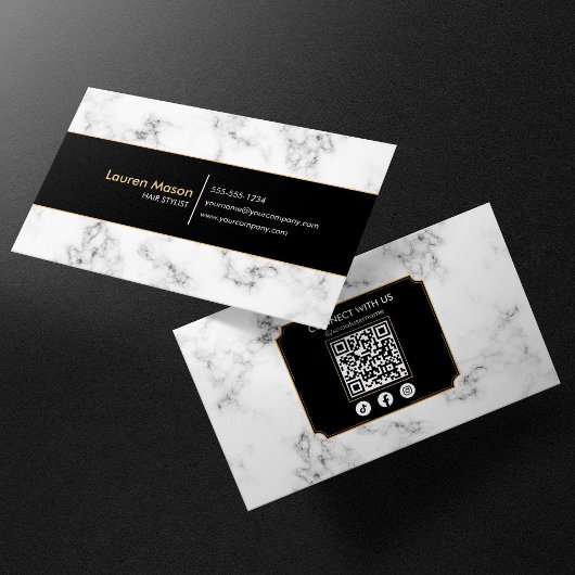 Eleganter, schwarzer Gold-Marmor QR-Code Visitenkarte
