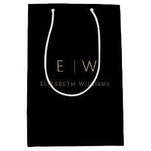 Eleganter Schwarzer Gold Minimalistischer Monogram Mittlere Geschenktüte